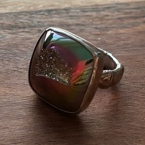 Sparkly Multicolor Druzy Quartz Ring with Sterling Silver Band Sz 7